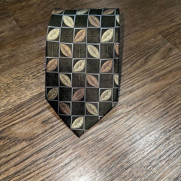 BUGATCHI UOMO Silk Leaf Tie Made in Italy Green Bronze Metallic - Picture 11 of 12
